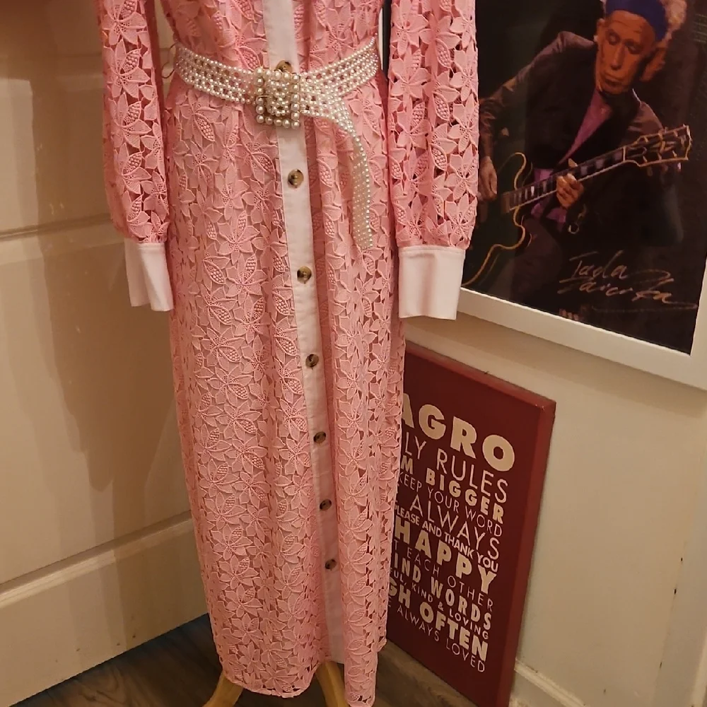 kate spade Pink Lace Long-Sleeve Shirt Dress with White Collar & Pockets - Picture 4 of 7